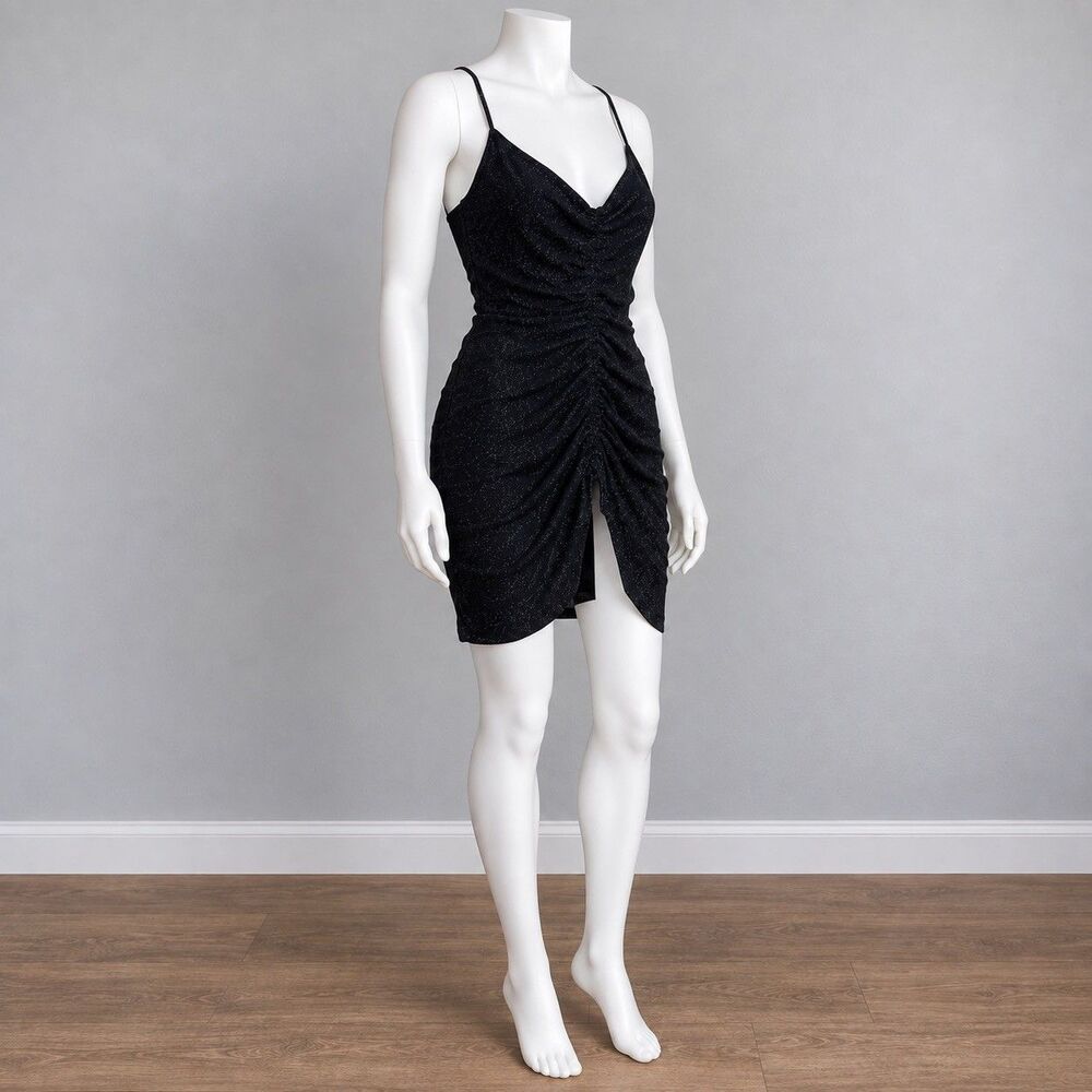 Lulus Womens XL Black Metallic Ruched Bodycon Midi Dress Strappy Slit Party